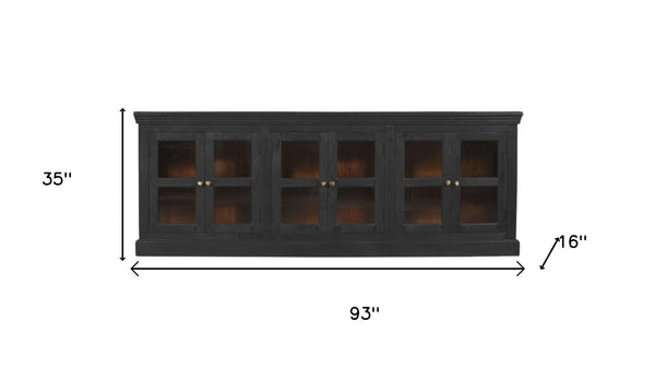 HomeRoots 93" Charcoal Distressed Solid Wood Sideboard with Glass Doors - Vintage Elegance for Every Space 606277