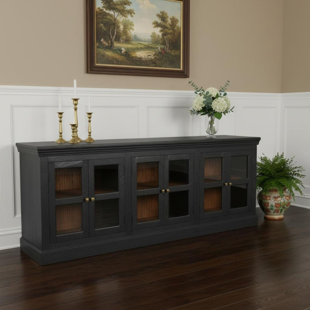HomeRoots 93" Charcoal Distressed Solid Wood Sideboard with Glass Doors - Vintage Elegance for Every Space 606277