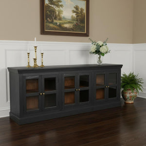 HomeRoots 93" Charcoal Distressed Solid Wood Sideboard with Glass Doors - Vintage Elegance for Every Space 606277