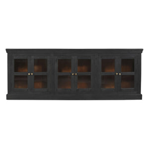 HomeRoots 93" Charcoal Distressed Solid Wood Sideboard with Glass Doors - Vintage Elegance for Every Space 606277