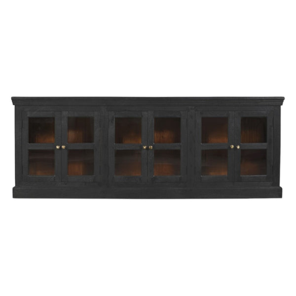 HomeRoots 93" Charcoal Distressed Solid Wood Sideboard with Glass Doors - Vintage Elegance for Every Space 606277