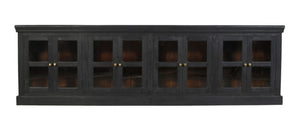 HomeRoots 118" Charcoal Distressed Solid Wood Sideboard with 8 Glass Doors for Elegant Storage & Display 606278