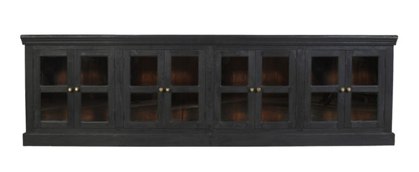 HomeRoots 118" Charcoal Distressed Solid Wood Sideboard with 8 Glass Doors for Elegant Storage & Display 606278