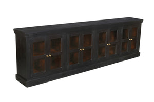 HomeRoots 118" Charcoal Distressed Solid Wood Sideboard with 8 Glass Doors for Elegant Storage & Display 606278