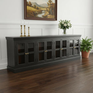 HomeRoots 118" Charcoal Distressed Solid Wood Sideboard with 8 Glass Doors for Elegant Storage & Display 606278