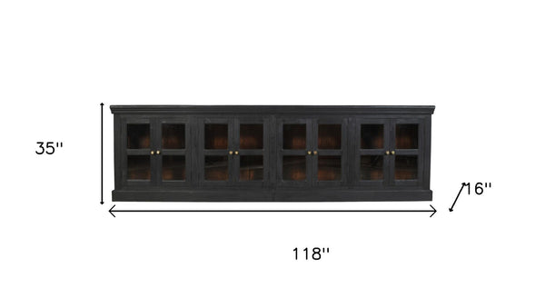 HomeRoots 118" Charcoal Distressed Solid Wood Sideboard with 8 Glass Doors for Elegant Storage & Display 606278