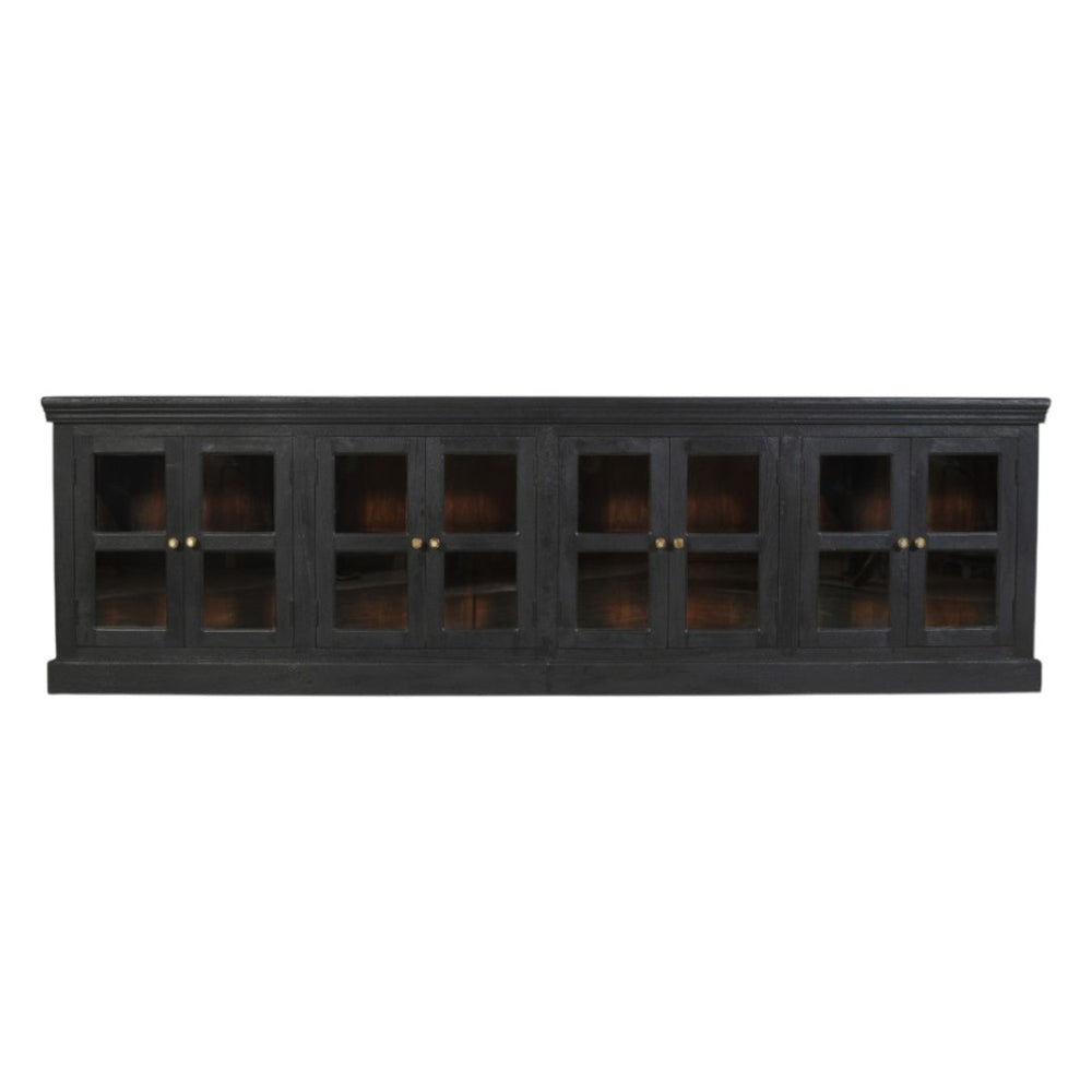 HomeRoots 118" Charcoal Distressed Solid Wood Sideboard with 8 Glass Doors for Elegant Storage & Display 606278