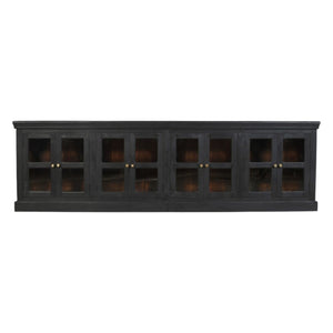 HomeRoots 118" Charcoal Distressed Solid Wood Sideboard with 8 Glass Doors for Elegant Storage & Display 606278