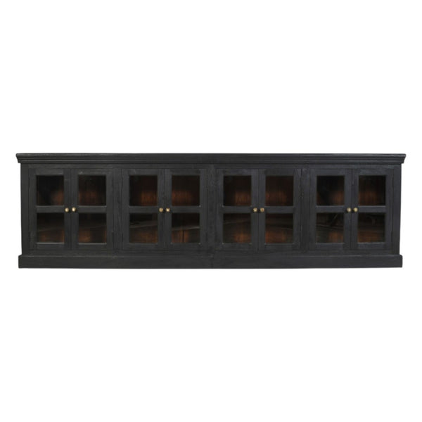 HomeRoots 118" Charcoal Distressed Solid Wood Sideboard with 8 Glass Doors for Elegant Storage & Display 606278
