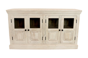 HomeRoots 62" Sand Distressed Solid Wood Sideboard with Glass Doors - Elegant Storage for Any Room Style 606279