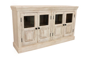 HomeRoots 62" Sand Distressed Solid Wood Sideboard with Glass Doors - Elegant Storage for Any Room Style 606279