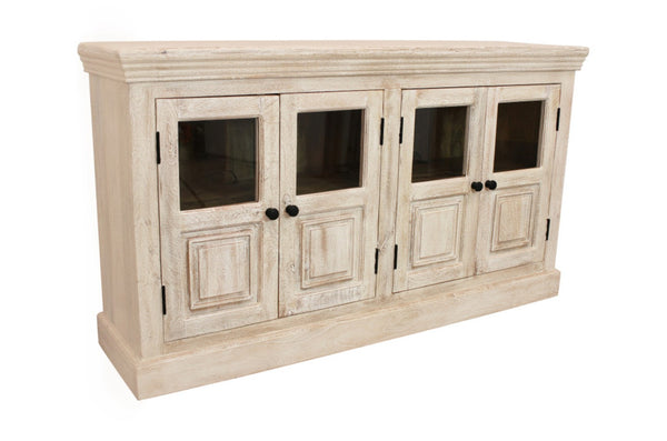 HomeRoots 62" Sand Distressed Solid Wood Sideboard with Glass Doors - Elegant Storage for Any Room Style 606279