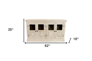 HomeRoots 62" Sand Distressed Solid Wood Sideboard with Glass Doors - Elegant Storage for Any Room Style 606279