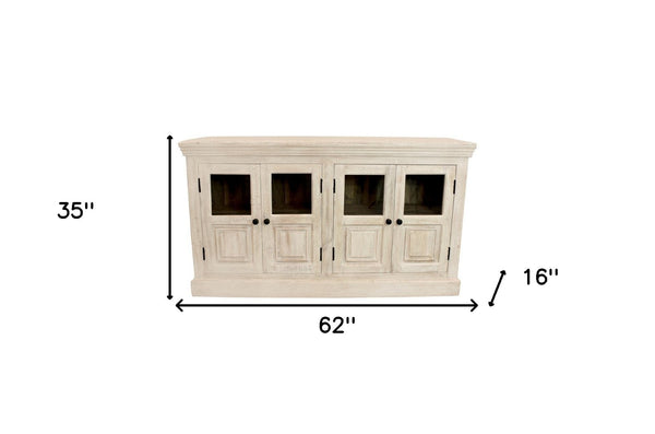 HomeRoots 62" Sand Distressed Solid Wood Sideboard with Glass Doors - Elegant Storage for Any Room Style 606279