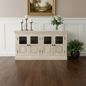 HomeRoots 62" Sand Distressed Solid Wood Sideboard with Glass Doors - Elegant Storage for Any Room Style 606279