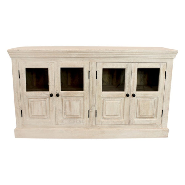 HomeRoots 62" Sand Distressed Solid Wood Sideboard with Glass Doors - Elegant Storage for Any Room Style 606279