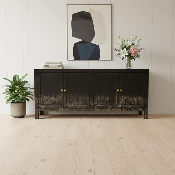 HomeRoots 66" Black Distressed Solid Wood Sideboard - Vintage-Inspired Storage Cabinet for Any Room 606280