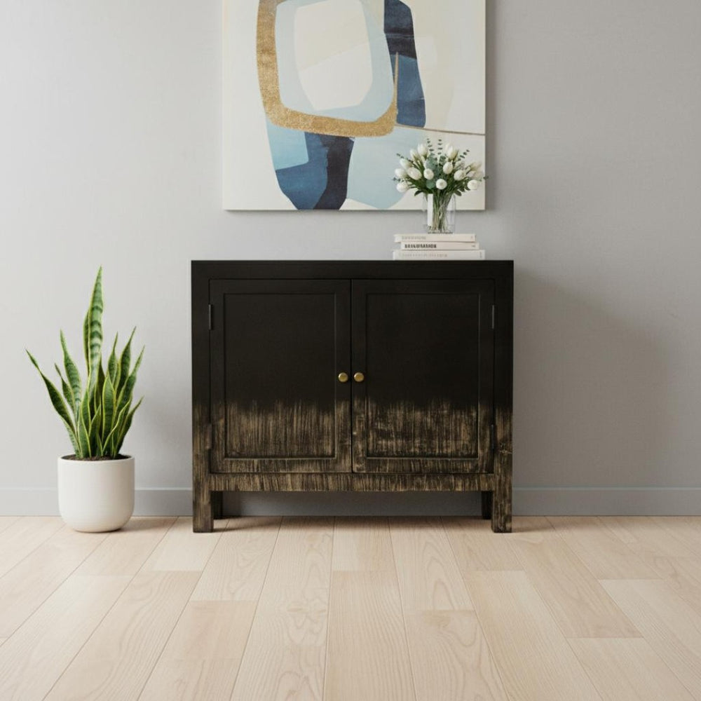 HomeRoots 34" Black Distressed Solid Wood Sideboard - Stylish Storage Cabinet with Adjustable Shelving & Doors 606281