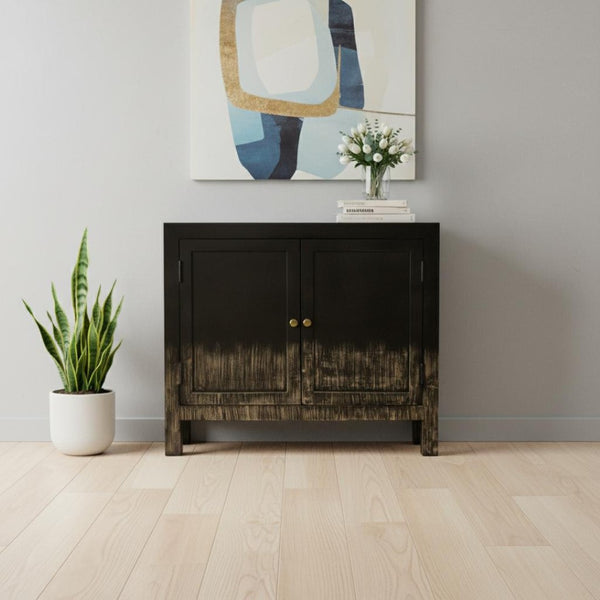 HomeRoots 34" Black Distressed Solid Wood Sideboard - Stylish Storage Cabinet with Adjustable Shelving & Doors 606281