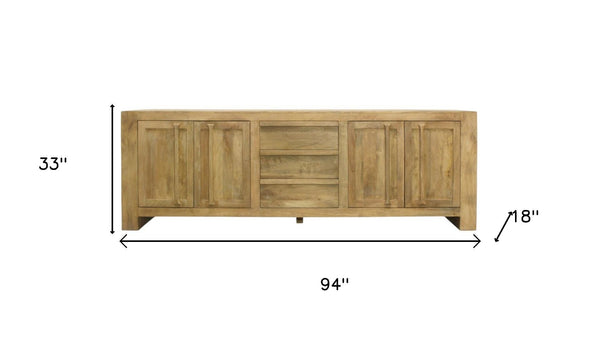 HomeRoots 94" Natural Distressed Solid Wood Sideboard - Elegant Storage Solution with Timeless Vintage Charm 606282