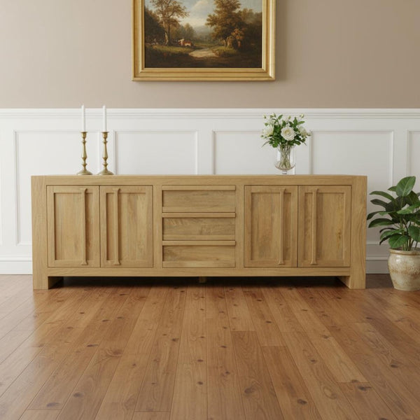 HomeRoots 94" Natural Distressed Solid Wood Sideboard - Elegant Storage Solution with Timeless Vintage Charm 606282