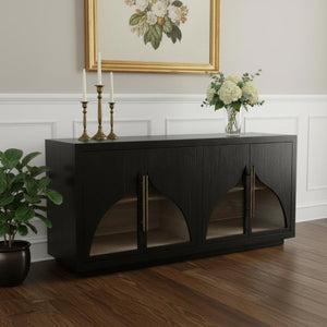 HomeRoots 70" Solid Wood Sideboard - Dark Brown Distressed Cabinet with Glass Doors, Ideal for Stylish Storage Solutions 606284