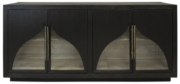 HomeRoots 70" Solid Wood Sideboard - Dark Brown Distressed Cabinet with Glass Doors, Ideal for Stylish Storage Solutions 606284