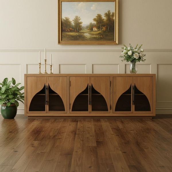 HomeRoots 95" Natural Distressed Solid Wood Sideboard – Versatile Storage Buffet for Classic Home Décor 606287
