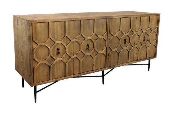 HomeRoots 71" Brown Distressed Reclaimed Wood Sideboard - Sculptural Storage with Geometric Doors & Style! 606288