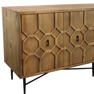 HomeRoots 71" Brown Distressed Reclaimed Wood Sideboard - Sculptural Storage with Geometric Doors & Style! 606288