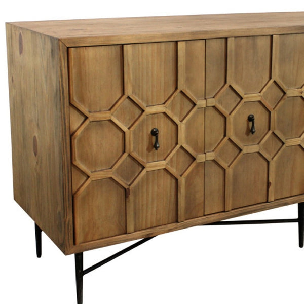 HomeRoots 71" Brown Distressed Reclaimed Wood Sideboard - Sculptural Storage with Geometric Doors & Style! 606288
