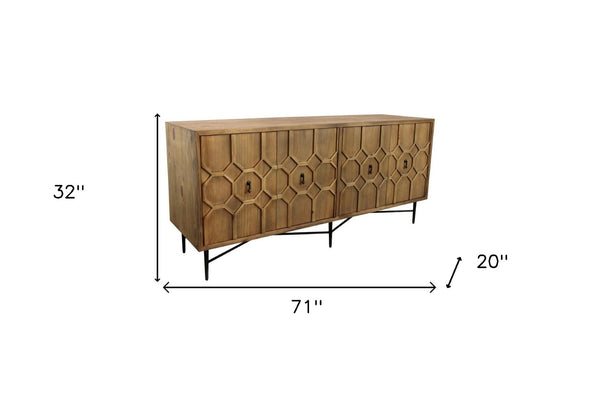 HomeRoots 71" Brown Distressed Reclaimed Wood Sideboard - Sculptural Storage with Geometric Doors & Style! 606288