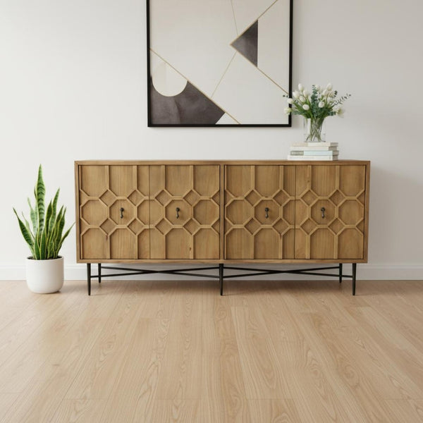 HomeRoots 71" Brown Distressed Reclaimed Wood Sideboard - Sculptural Storage with Geometric Doors & Style! 606288