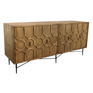 HomeRoots 71" Brown Distressed Reclaimed Wood Sideboard - Sculptural Storage with Geometric Doors & Style! 606288