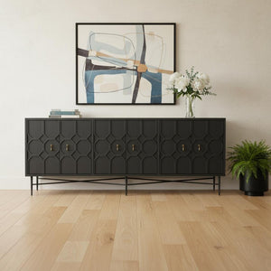 HomeRoots 91" Reclaimed Wood Geometric Sideboard - Distressed Black Finish with Ample Storage & Style Impact 606289