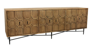 HomeRoots 91" Natural Distressed Solid Wood Sideboard with Carved Geometric Design & 6 Doors for Stylish Storage 606290