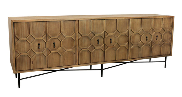 HomeRoots 91" Natural Distressed Solid Wood Sideboard with Carved Geometric Design & 6 Doors for Stylish Storage 606290
