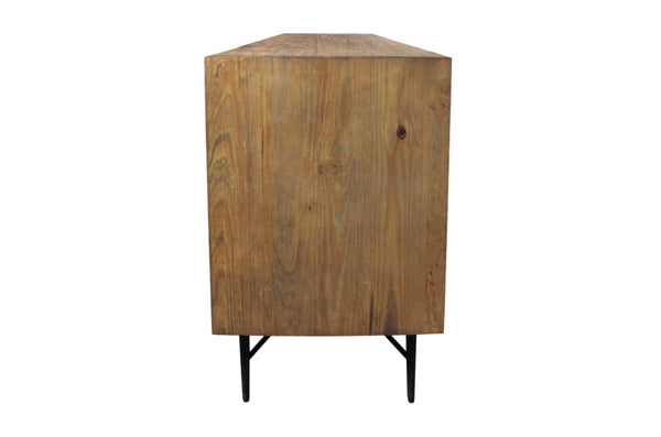 HomeRoots 91" Natural Distressed Solid Wood Sideboard with Carved Geometric Design & 6 Doors for Stylish Storage 606290