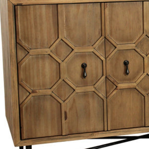 HomeRoots 91" Natural Distressed Solid Wood Sideboard with Carved Geometric Design & 6 Doors for Stylish Storage 606290