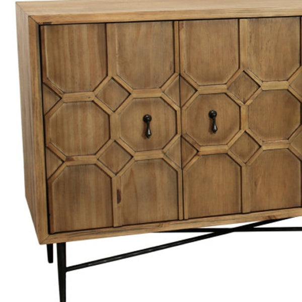 HomeRoots 91" Natural Distressed Solid Wood Sideboard with Carved Geometric Design & 6 Doors for Stylish Storage 606290