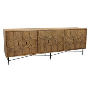 HomeRoots 91" Natural Distressed Solid Wood Sideboard with Carved Geometric Design & 6 Doors for Stylish Storage 606290