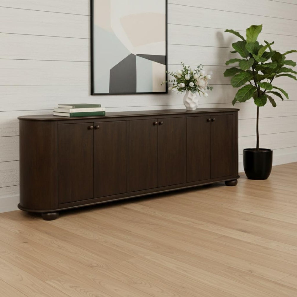 HomeRoots 98" Brown Distressed Solid Wood Sideboard - Vintage-Style Storage Cabinet with Six Doors & Shelves 606292