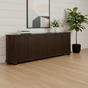 HomeRoots 98" Brown Distressed Solid Wood Sideboard - Vintage-Style Storage Cabinet with Six Doors & Shelves 606292