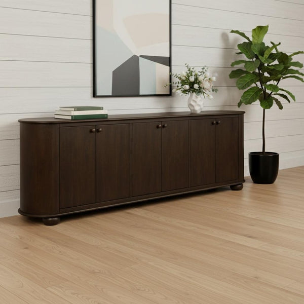 HomeRoots 98" Brown Distressed Solid Wood Sideboard - Vintage-Style Storage Cabinet with Six Doors & Shelves 606292