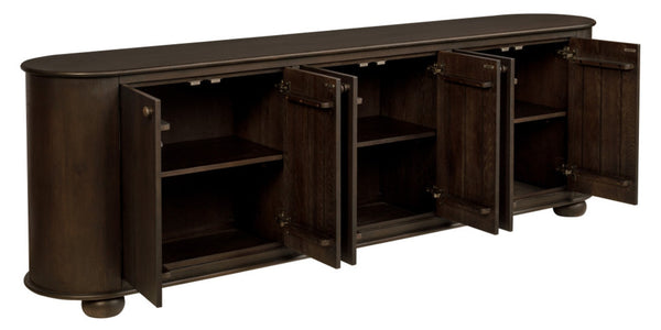 HomeRoots 98" Brown Distressed Solid Wood Sideboard - Vintage-Style Storage Cabinet with Six Doors & Shelves 606292