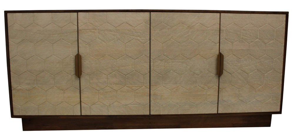 HomeRoots 72" Brown and Ivory Distressed Wood Sideboard - Vintage Carved Geometric Design for Stylish Storage 606296
