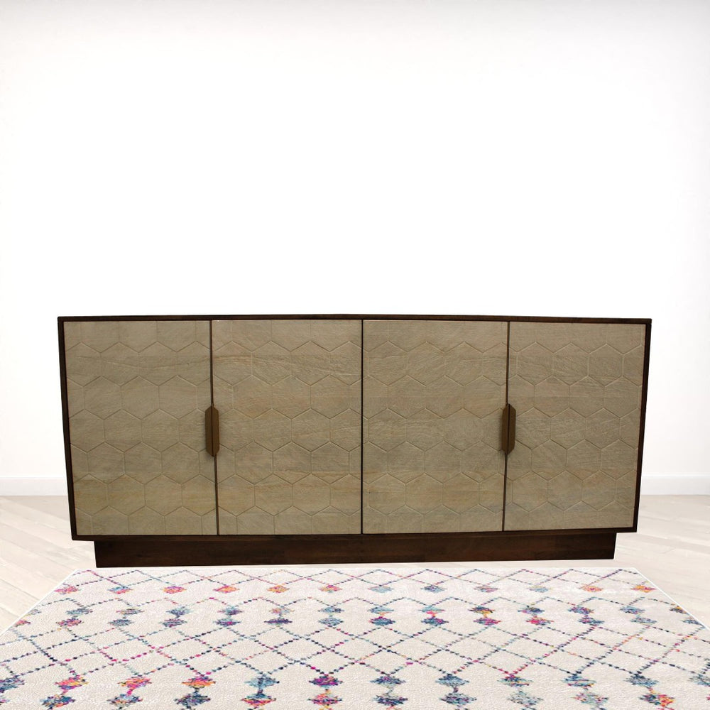 HomeRoots 72" Brown and Ivory Distressed Wood Sideboard - Vintage Carved Geometric Design for Stylish Storage 606296