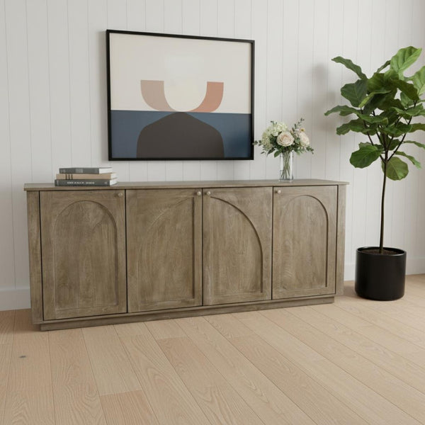 HomeRoots 80" Brown Distressed Solid Wood Sideboard with Hand-Carved Geometric Design and Ample Storage Space 606297
