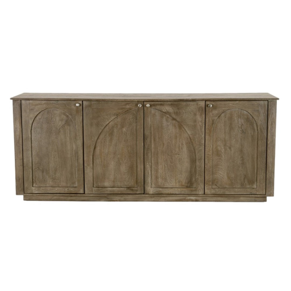 HomeRoots 80" Brown Distressed Solid Wood Sideboard with Hand-Carved Geometric Design and Ample Storage Space 606297