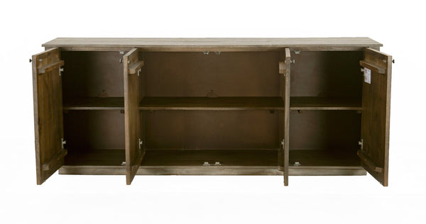 HomeRoots 80" Brown Distressed Solid Wood Sideboard with Hand-Carved Geometric Design and Ample Storage Space 606297